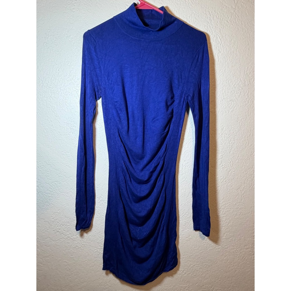 Express Royal Blue Ruched Mock Neck Long Sleeve Bodycon Mini Dress Small
